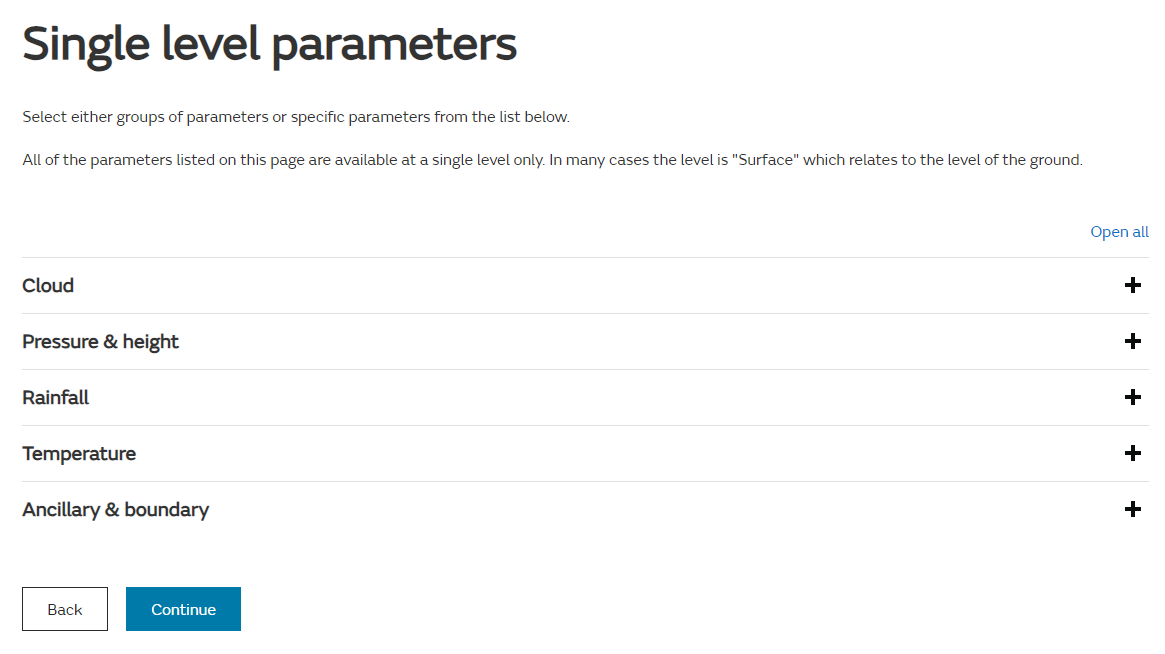 Single level parameters selection page